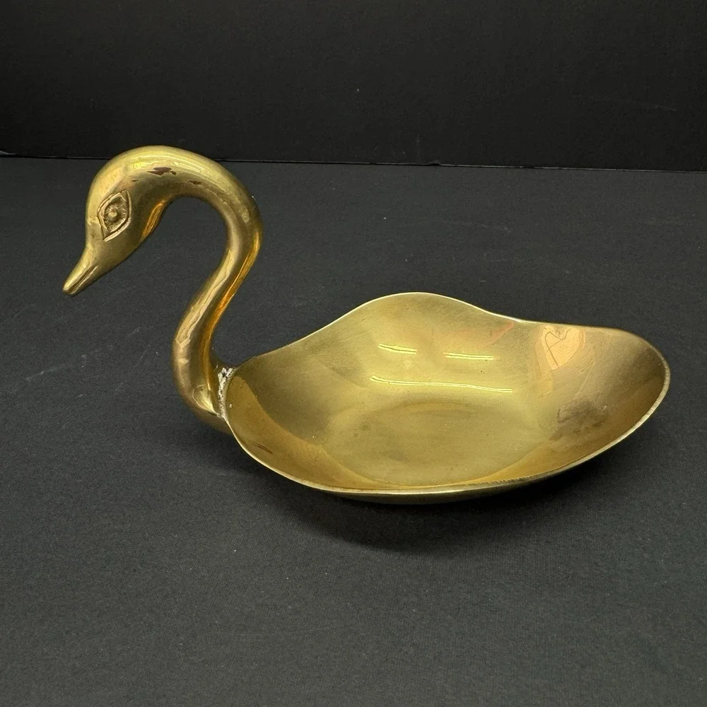 Vintage Brass Swan Duck Swan Trinket Tray Soap Candy Dish India Patina MCM